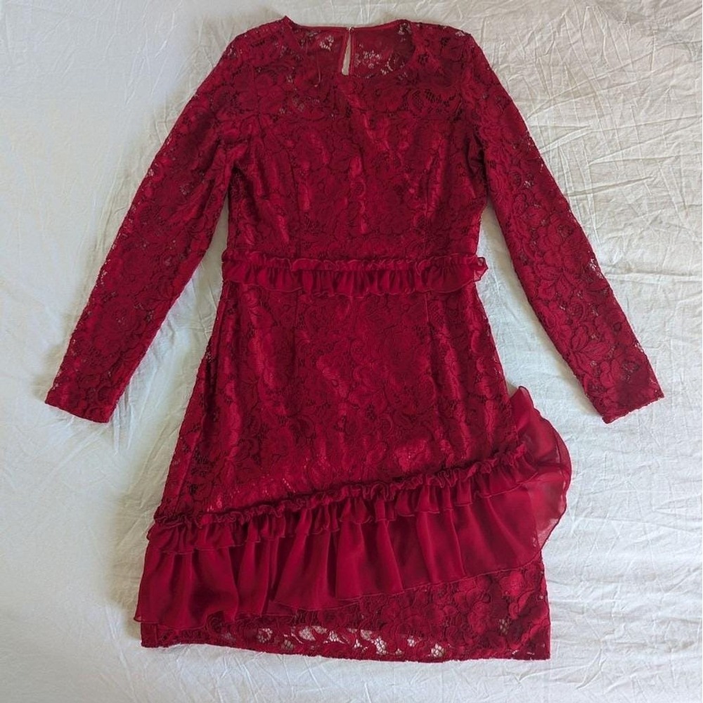 Neiman Marcus Red Lace Long Sleeve‎ Ruffle Mini Dress Sz 10 Coquette Wedding